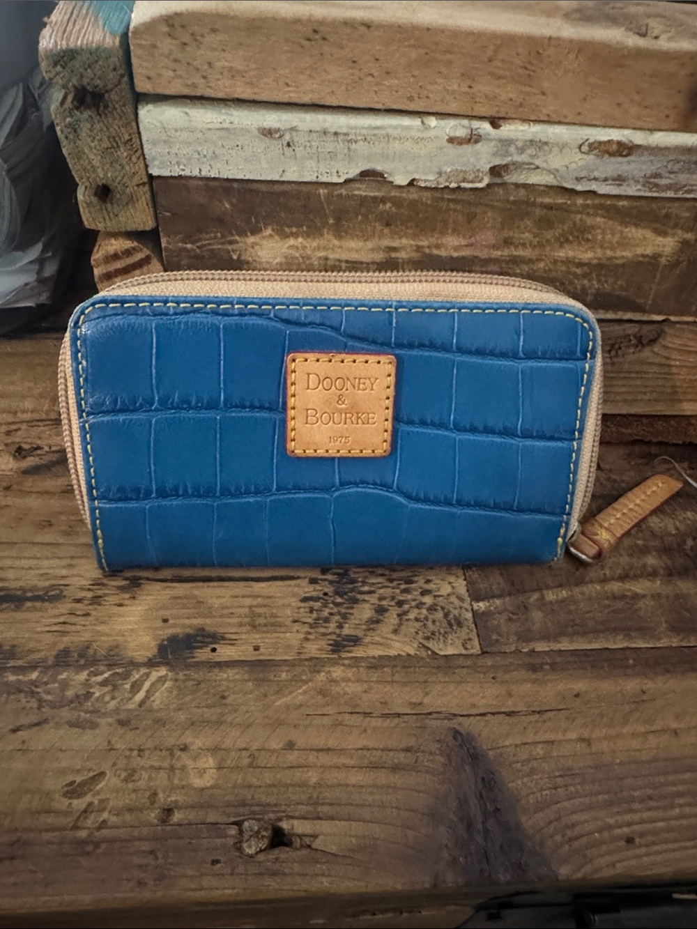 Dooney & Bourke Blue Croc-Embossed Wallet/Coin with Tan Trim